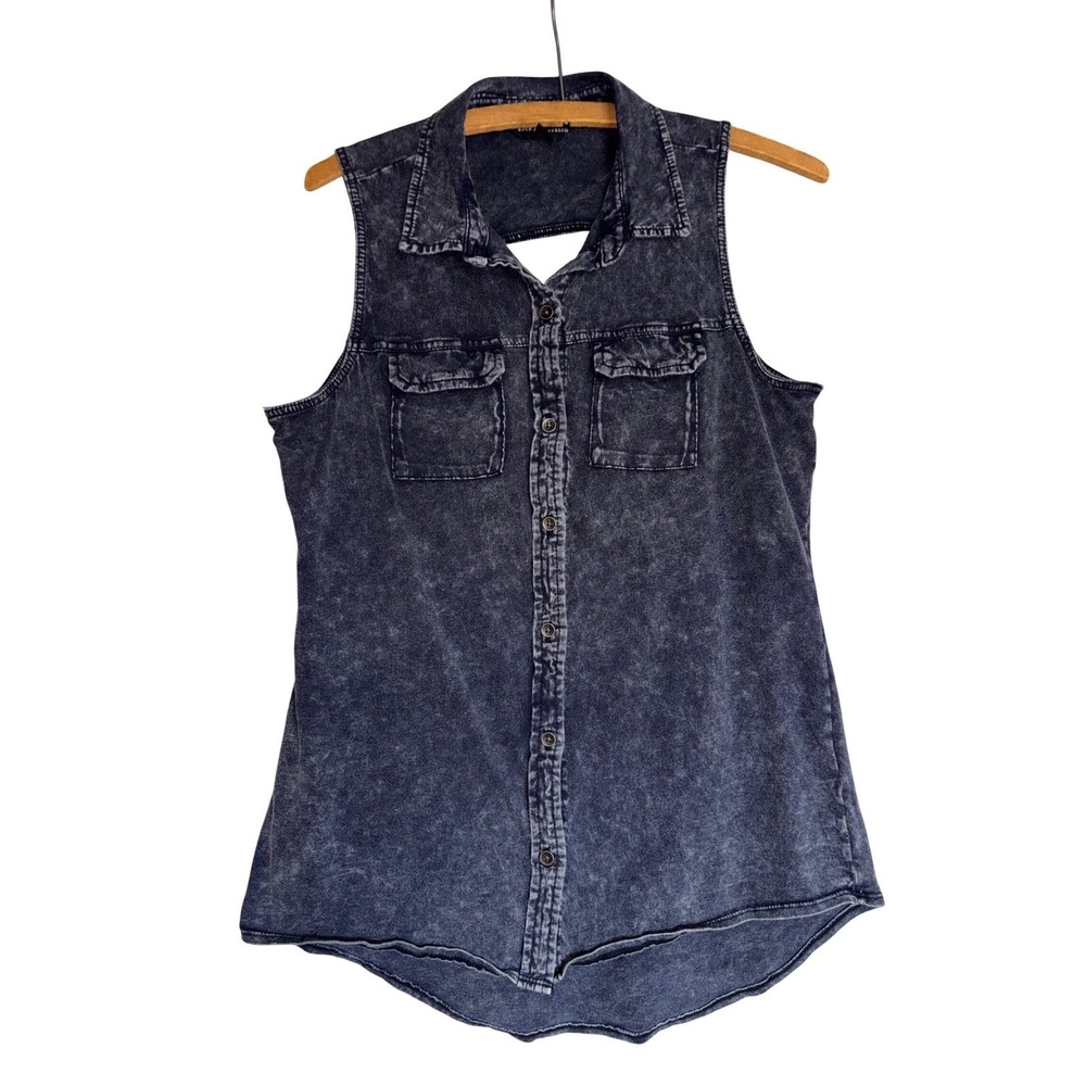 Rock Republic Womens S Acid Wash Sleeveless‎ Denim Shirt Top Cutout Back Western